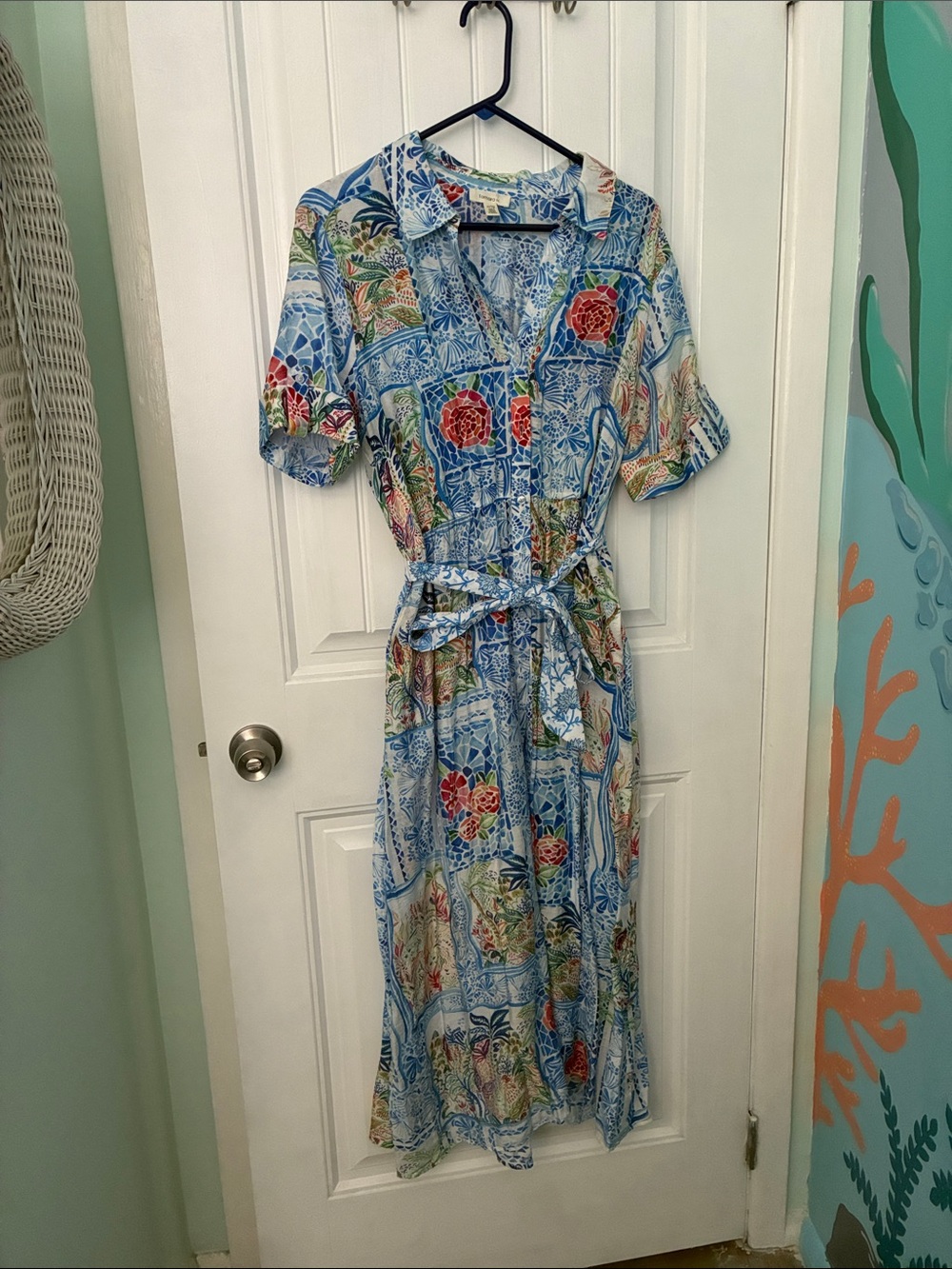 Blue Floral Button-Front Midi Dress with Self-Tie Waist, shirtwaist, pockets